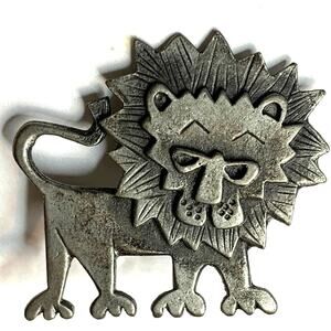 METZKE Signed Vintage Lion Cat Brooch Pin Pewter